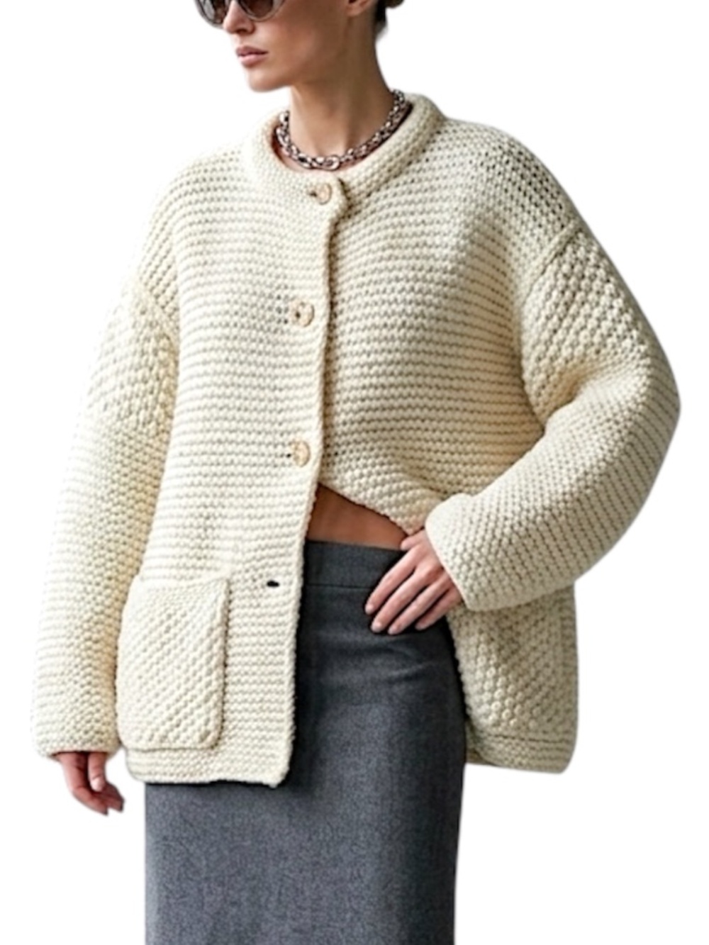 Cream chunky knit minimalist boxy oversized drop shoulder quiet luxury cardigan